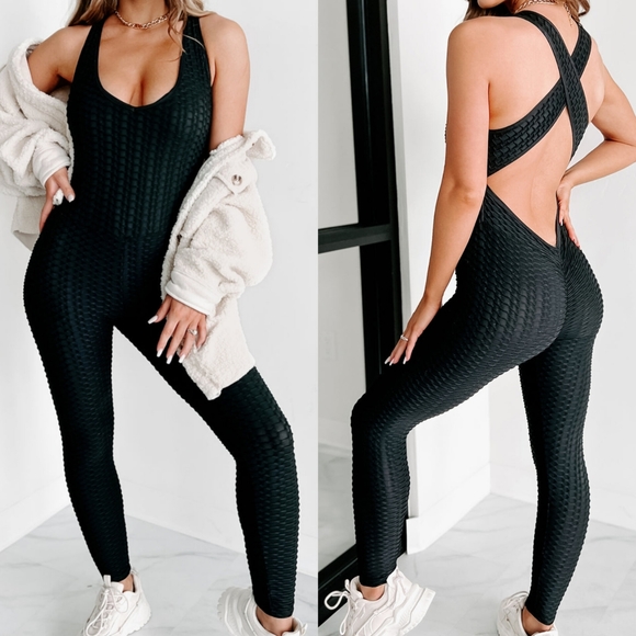 . Up In The Gym Black One Piece Ruched Workout Jumpsuit - Picture 2 of 11